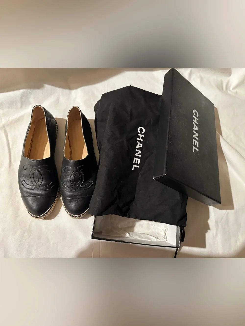 Authentic CHANEL Black Leather Espadrille Slip-Ons with CC Logo Size 38